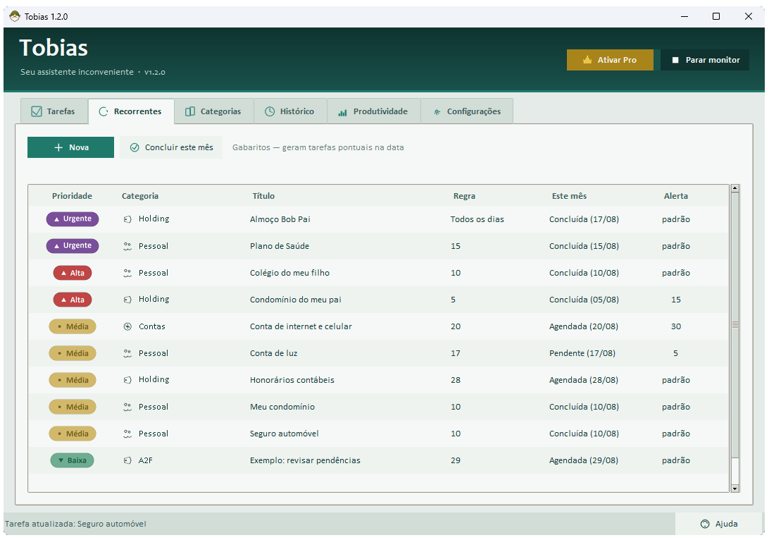 Tobias — interface com gabaritos recorrentes, prioridades e categorias